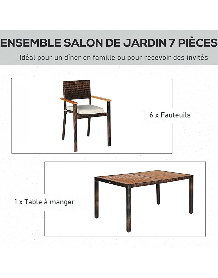 Outsunny Ensemble de Table et 6 chaises de Jardin en résine tressée avec Coussins d'assise et Plateau Table en Bois d'acacia Marron - B7ADKDWCW