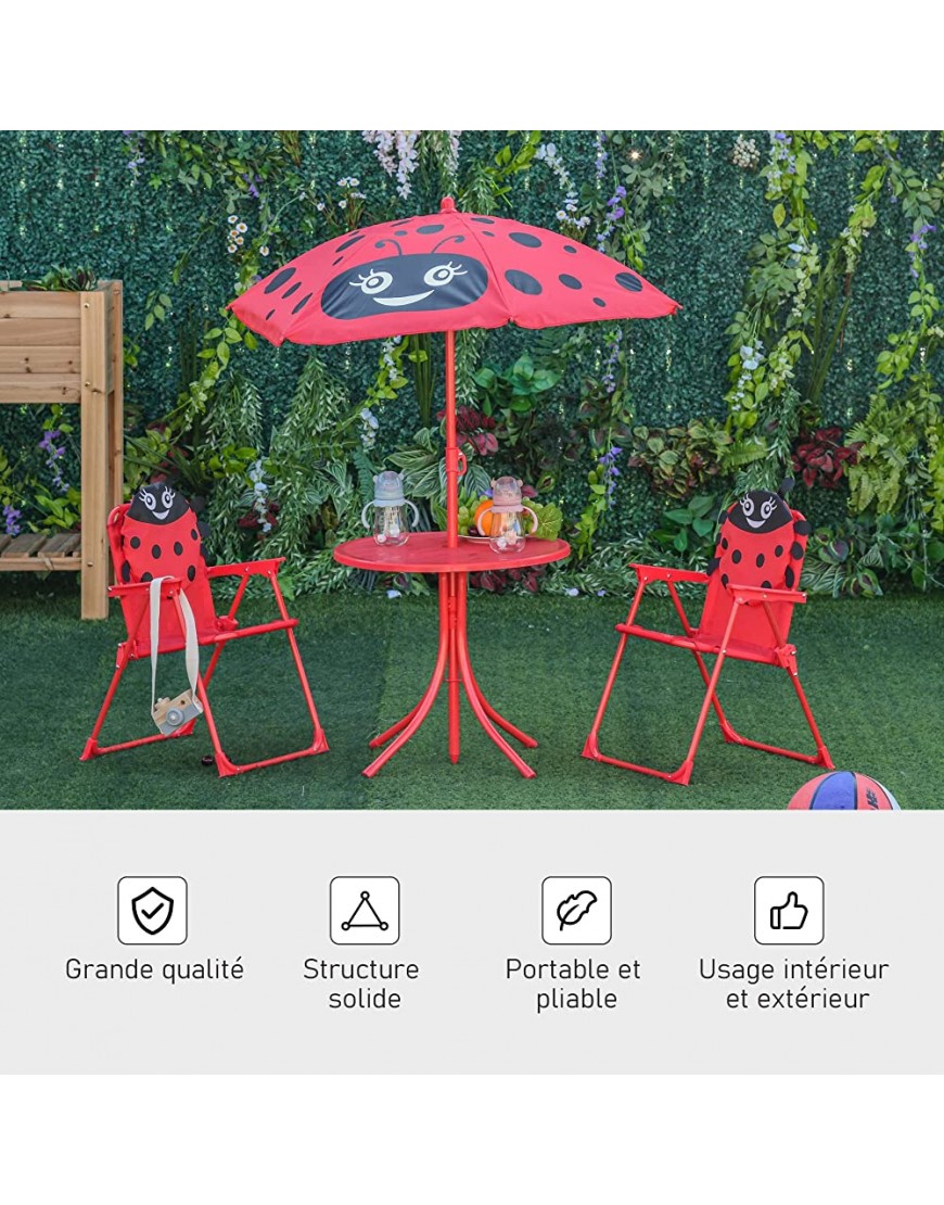Outsunny Ensemble Salon de Jardin Enfant 4 pcs Design Grenouille Table Ronde + 2 chaises Pliables + Parasol métal époxy Oxford Rouge - BQEBEAQAH