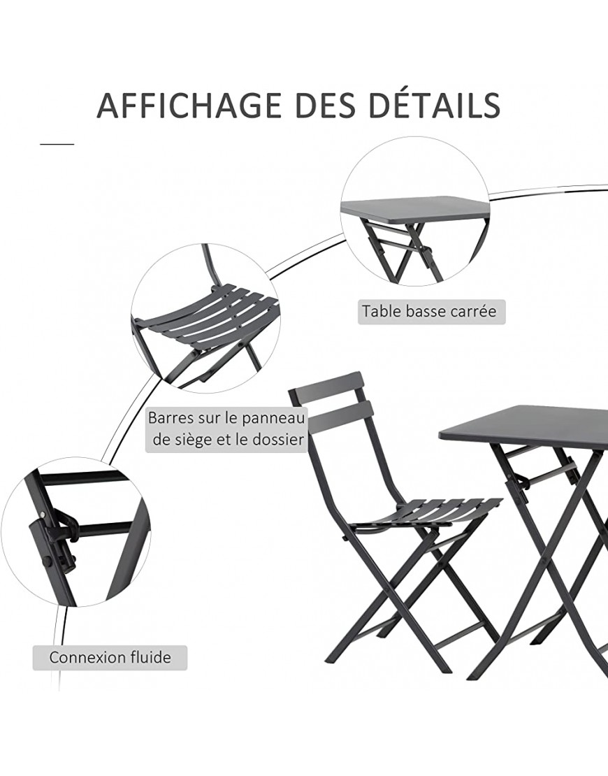 Outsunny Salon de Jardin Bistro Pliable Table carrée dim. 60L x 60l x 71H cm avec 2 chaises métal thermolaqué Gris - B3JE5MNPQ