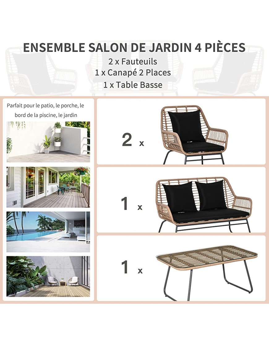 Salon de Jardin 4 Places 4 pièces Style Exotique métal époxy résine Imitation Bambou Coussins Grand Confort Inclus Polyester Noir - B5995NRHE