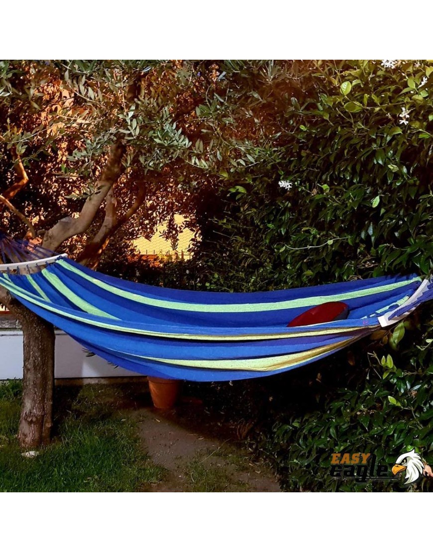 EASY EAGLE Toile Hamac avec 60CM Barre Charge 300KG 220x120CM Hammack Suspendu pour de Jardin Randonnée Camping Rayures Bleu-Vert - B37JQTKIW
