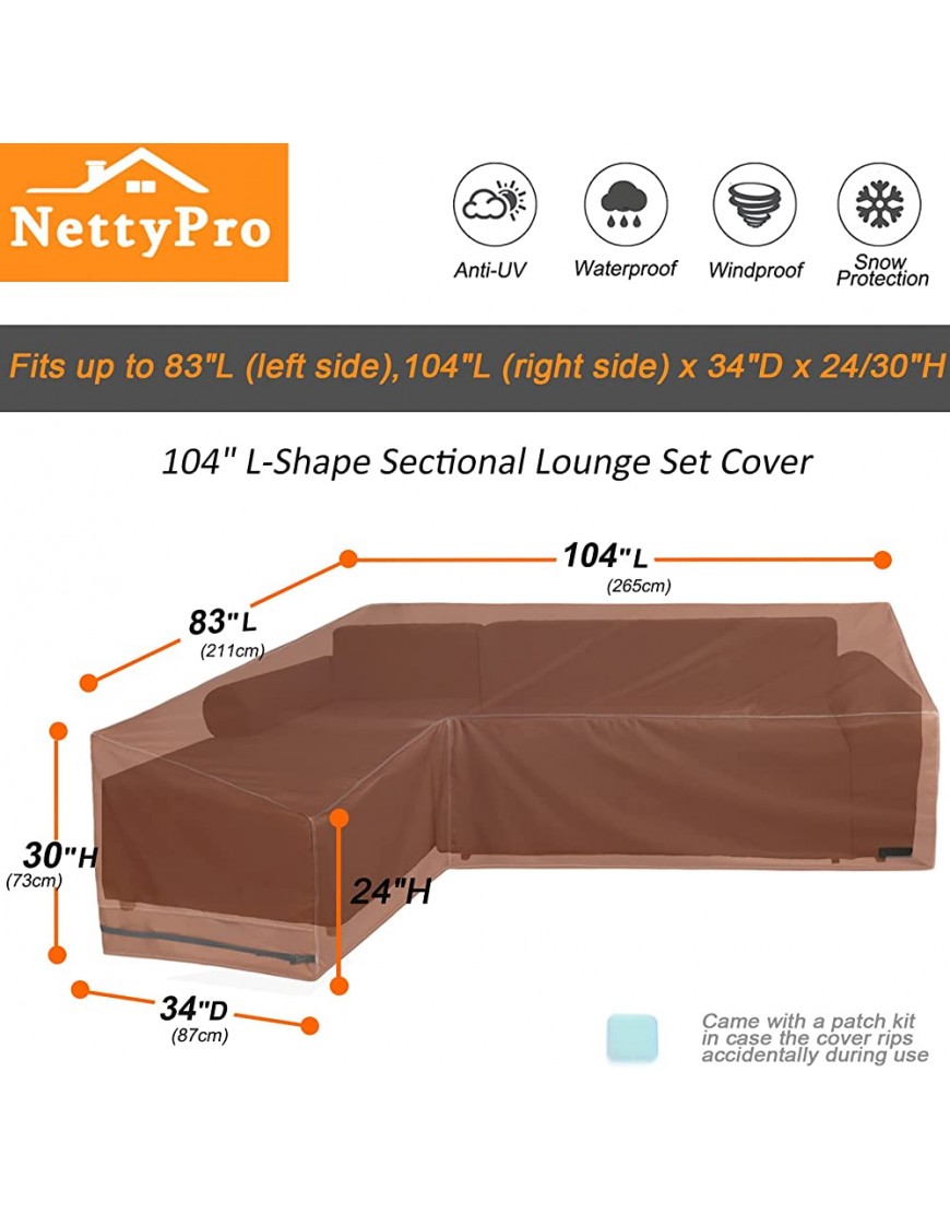 NettyPro Housse de canapé sectionnelle d'extérieur 210,8 x 264,2 cm imperméable 600D très résistante en forme de L pour meubles de terrasse salon côté gauche marron - BEB4DOILU