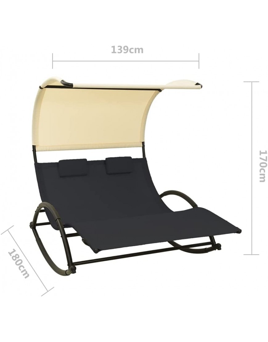 Chaise Longue Double avec auvent Textilène Noir et crèmeMeubles Mobilier de Jardin Sièges de Jardin Bains de Soleil - BB37KIDVX