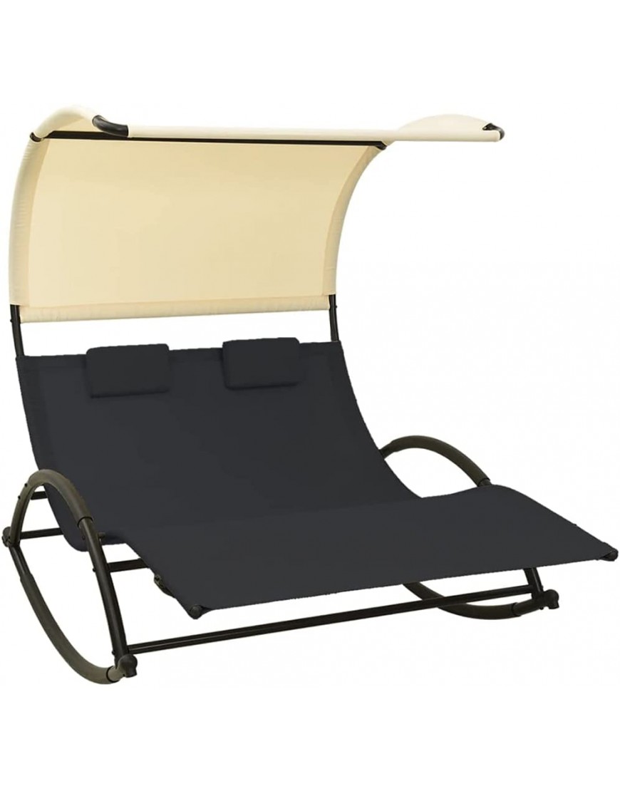 Chaise Longue Double avec auvent Textilène Noir et crèmeMeubles Mobilier de Jardin Sièges de Jardin Bains de Soleil - BB37KIDVX