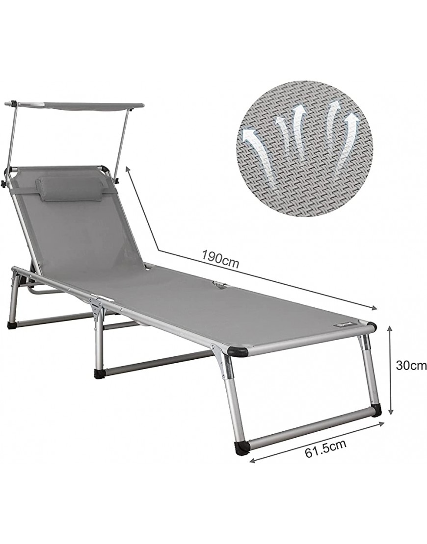 HOMECALL Chaise longue pliable en aluminium et textilène avec pare-soleil gris clair - BKA24LKKG