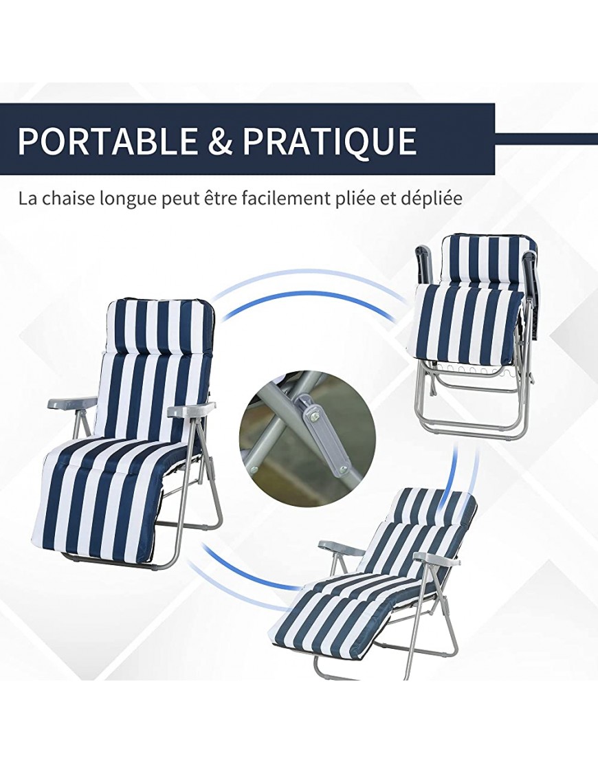 Outsunny Lot de 2 Chaise Longue Bain de Soleil Adjustable Pliable transat lit de Jardin en Acier Bleu + Blanc - BEJW1OTKW