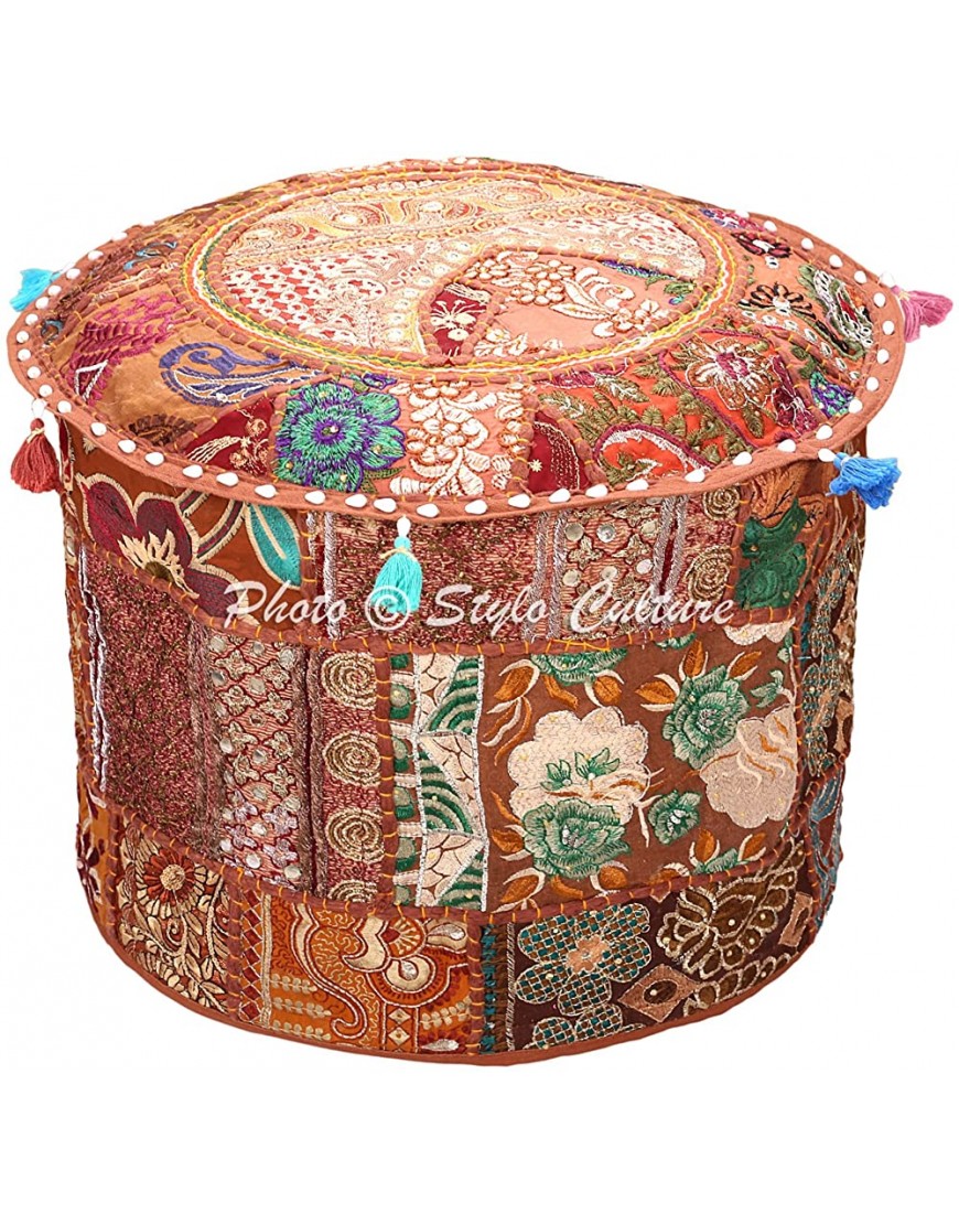 Stylo Culture Pouf Ottoman Indien Pouf Couverture Marron Indien Patchwork Coton Patchwork Traditionnel Pouf Tissu Pouf Ottoman 16x16x13 Pouce 40cm - BE3JWOOER