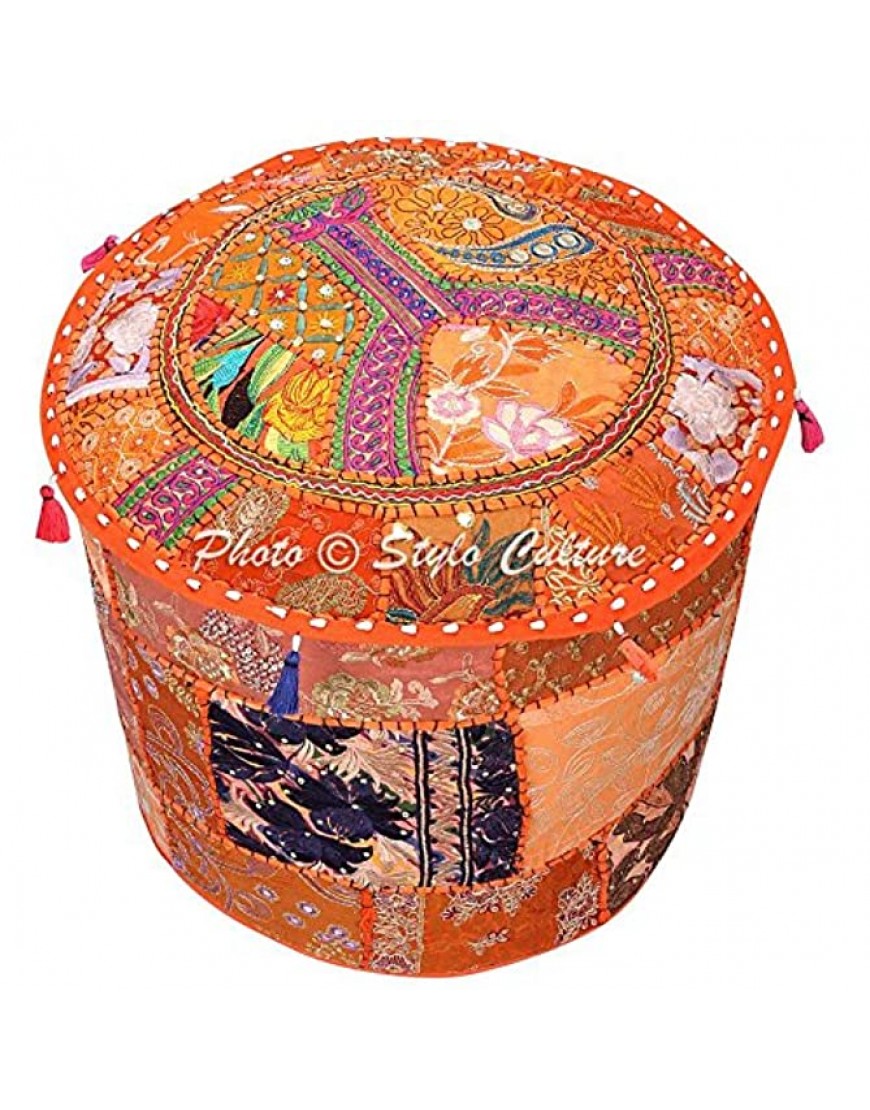 Stylo Culture Pouf Siège Vintage Pouf Banc Large Couverture Orange Indien Brodé Patchwork Coton Traditionnel Pouf Tissu Pouf Ottoman 22x22x13 Pouces 55cm - BE6D2DZAU