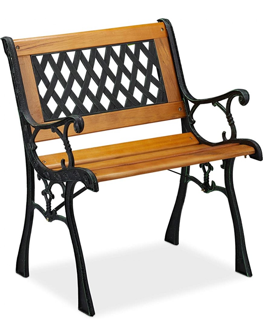 Relaxdays Chaise de Jardin avec accoudoirs résistante Basse Design Vintage Bois et Fonte,73x62x52,5 Nature-Noir - B59HNIXFA